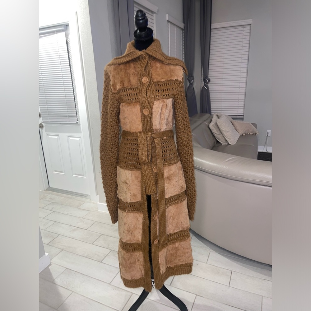 RARE Vintage Y2K Lili rose rabbit fur 100% wool knit patchwork boho belted coat - Picture 2 of 13